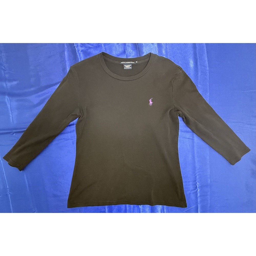 Ralph Lauren Sport Women's Medium Long Sleeve Black Ribbed Crew Neck Purple Pony